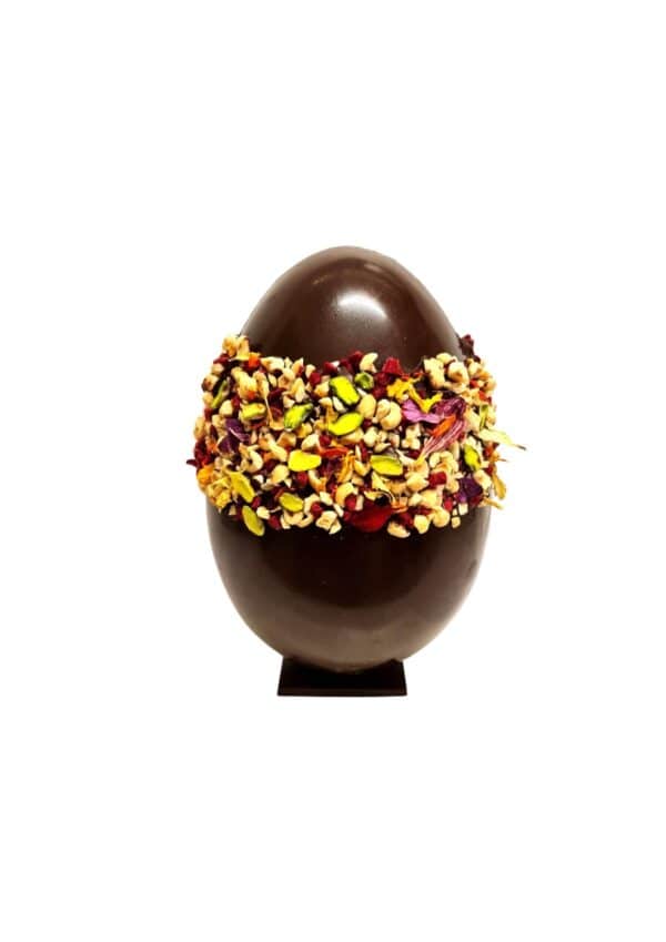 UOVA ARTIGINALE DI CIOCCOLATO FONDENTE CON FRUTTA SECCA E FIORI EDIBILI