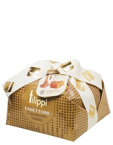 Panettone Filippi al caramello salato con confezione dorata elegante
