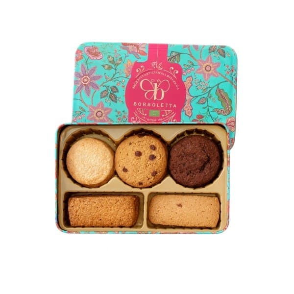 Scatola di biscotti artigianali Borboletta con design floreale colorato