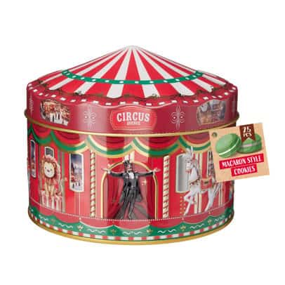 scatola in metallo circo con biscotti