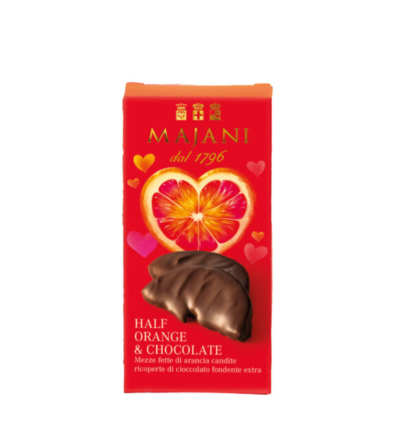 mezze fette d’arancia candite ricoperte di cioccolato fondente extra