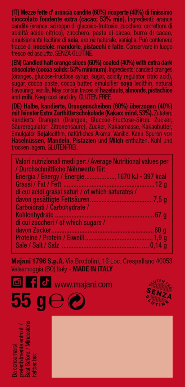 mezze fette d’arancia candite ricoperte di cioccolato fondente extra