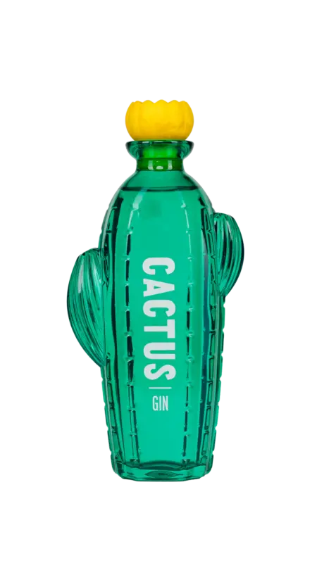 Bottiglia di Cactus Gin verde a forma di cactus con tappo giallo