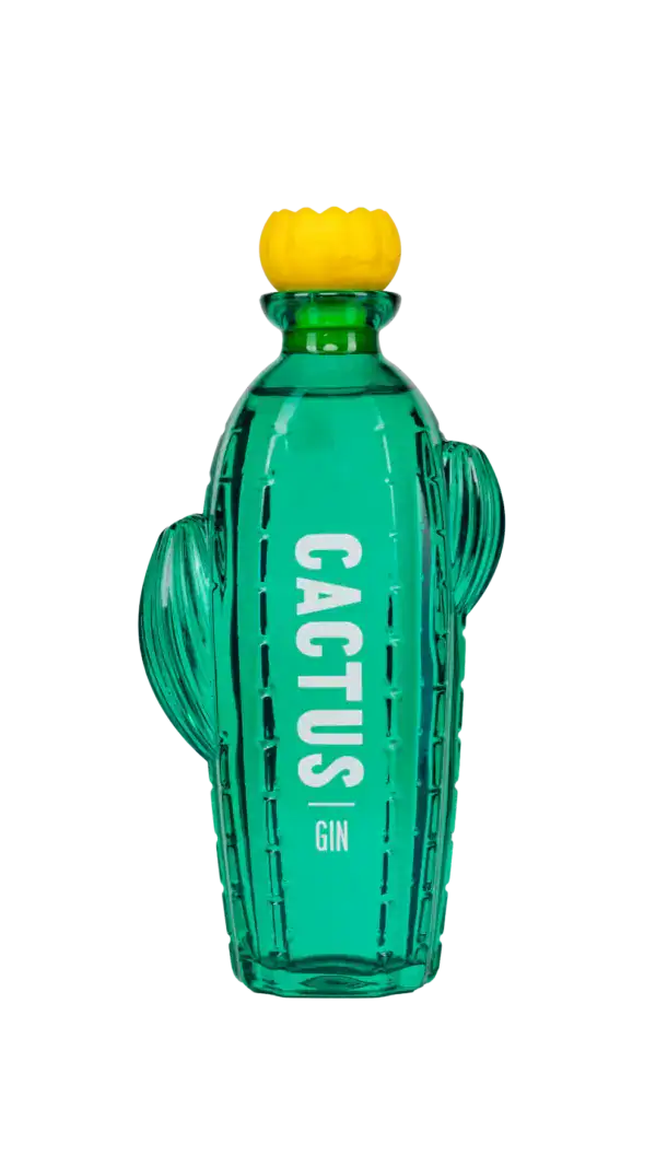 Bottiglia di Cactus Gin verde a forma di cactus con tappo giallo