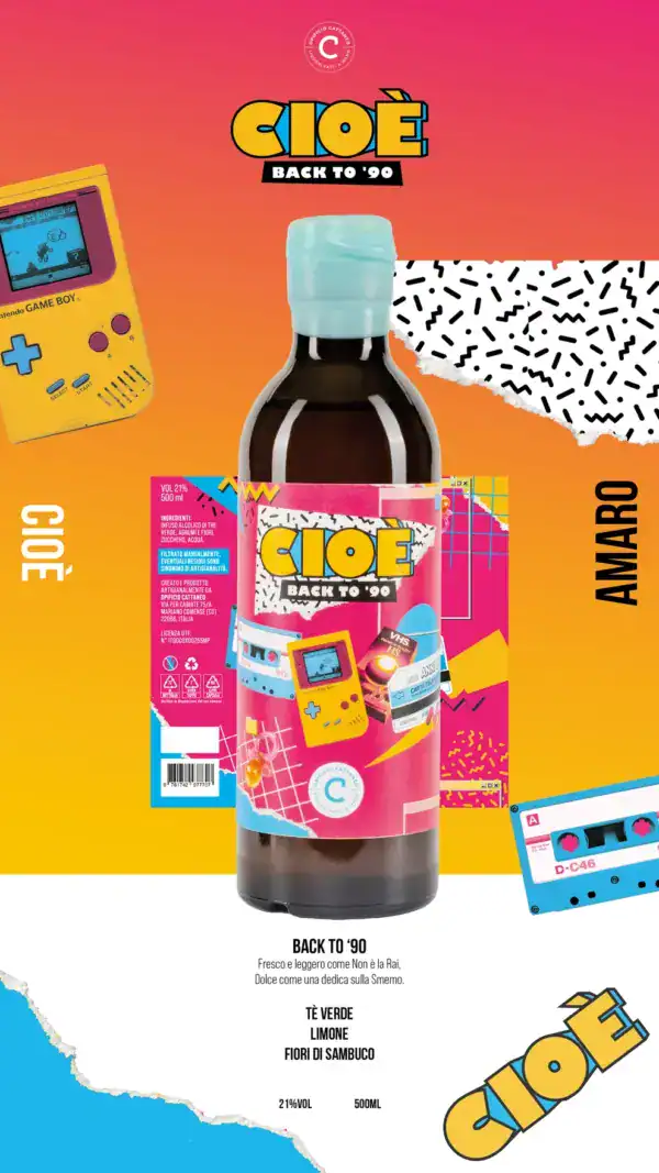 Amaro Cioè Back to '90 bottiglia con estetica anni Novanta