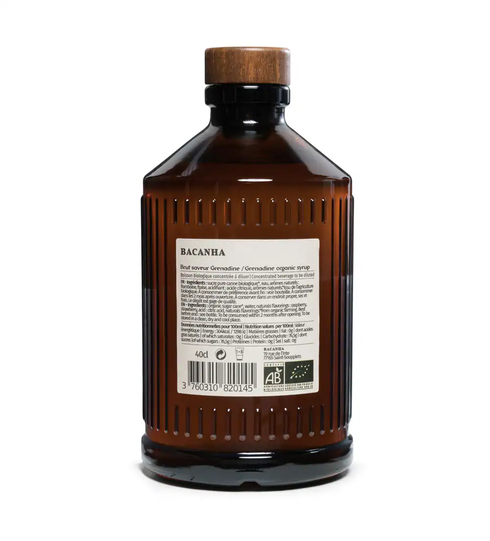 Sciroppo biologico alla granatina Bacanha bottiglia ambra 40cl
